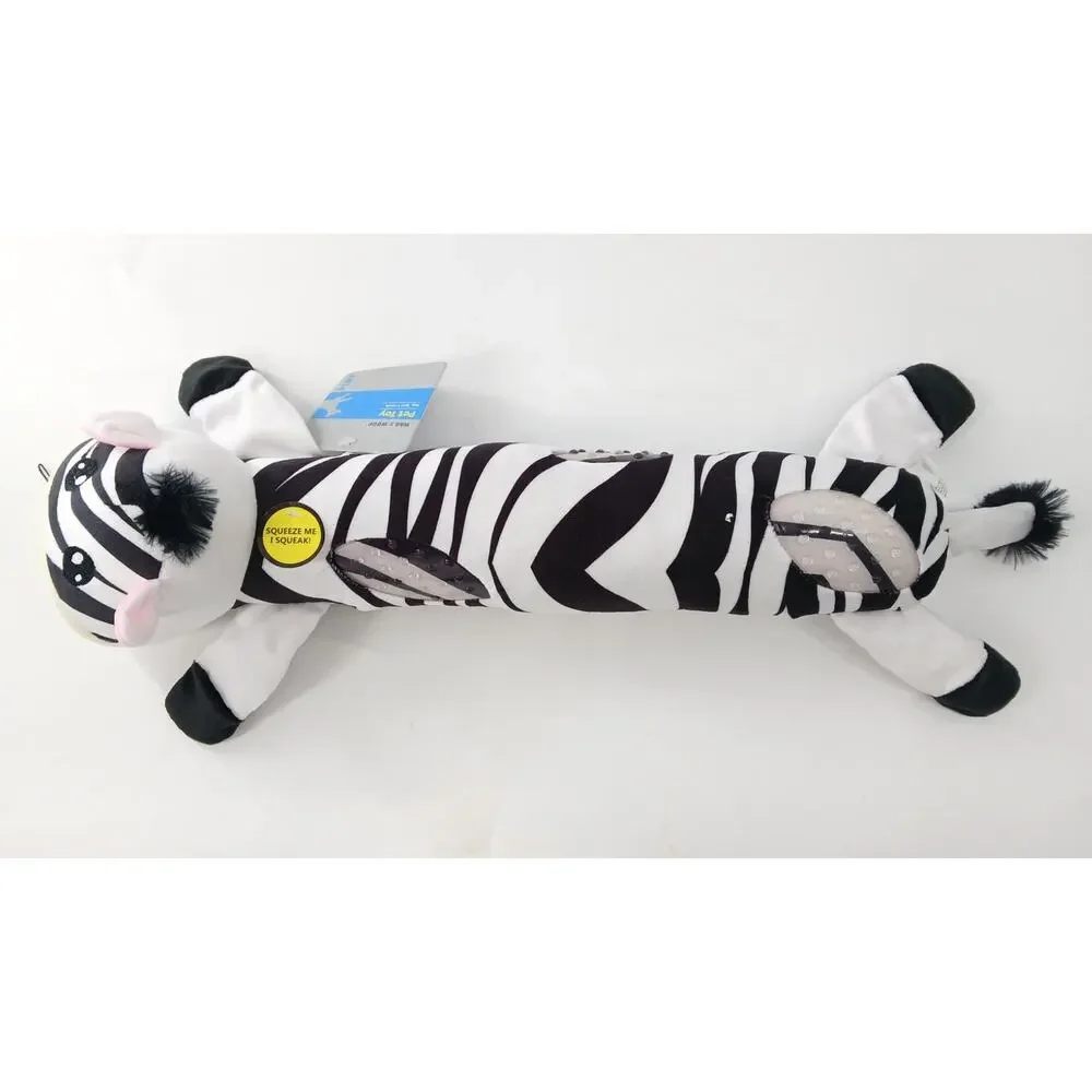 Wag N' Woof Zebra Plush Dog Toy Squeaker Tug Crinkle Durable Black White